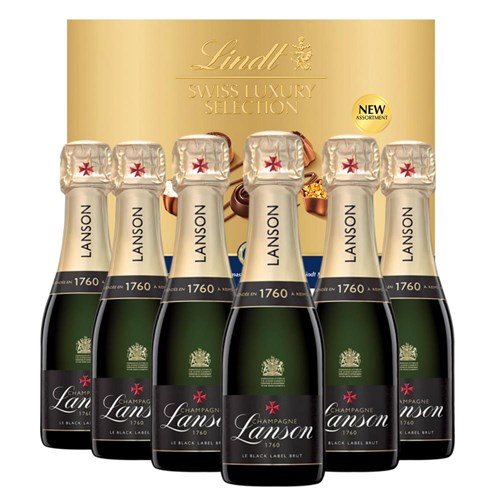 Mini Lanson Le Black Creation Champagne 20cl Case of 6 with Lindt Swiss Tradition Chocolates 193g